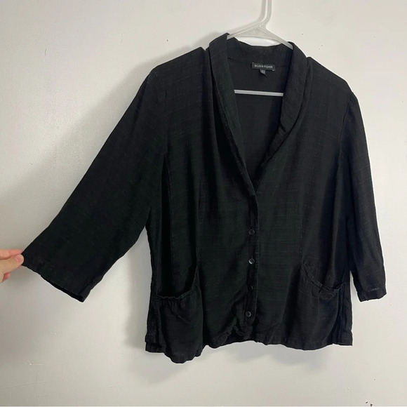 Eileen Fisher Jacket Womens Size Large Black Button Front Linen Button Front - Picture 2 of 10